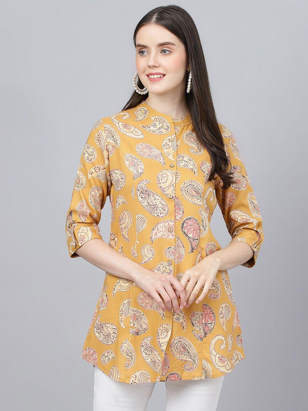 kalini paisley printed roll-up sleeves shirt style longline top