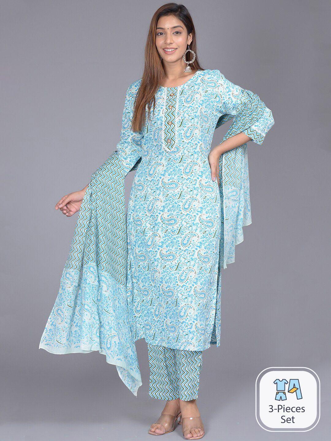 kalini paisley printed round neck straight kurta with trousers & dupatta