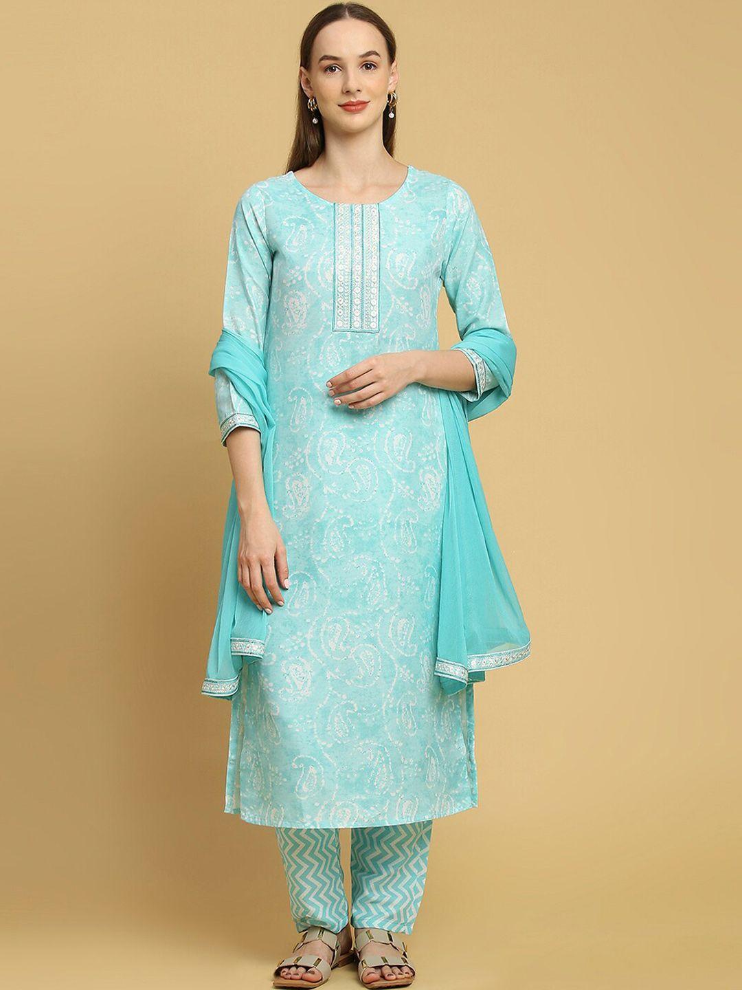 kalini paisley printed sequined straight kurta with trousers & dupatta