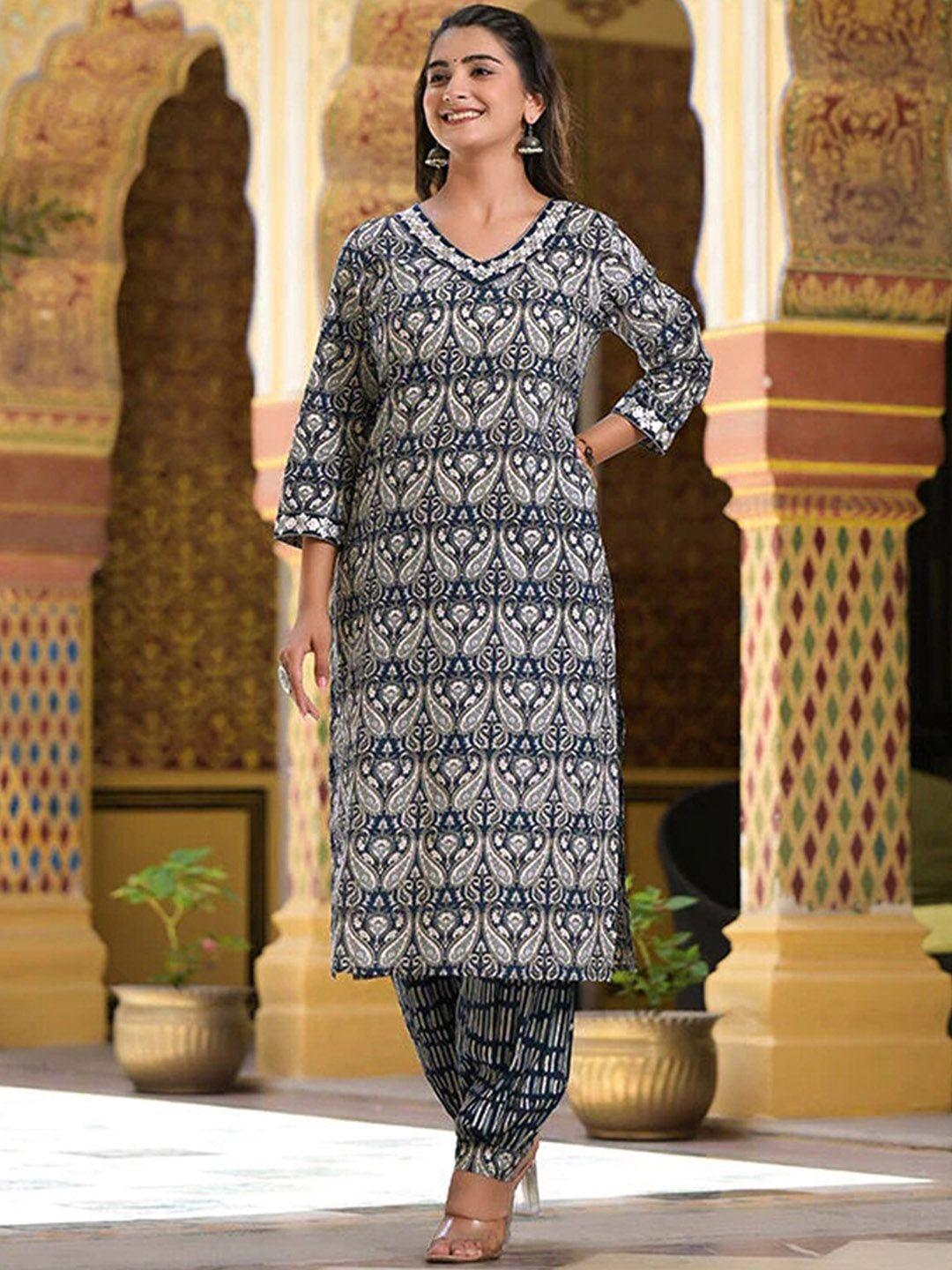 kalini paisley printed v-neck straight kurta with salwar & dupatta