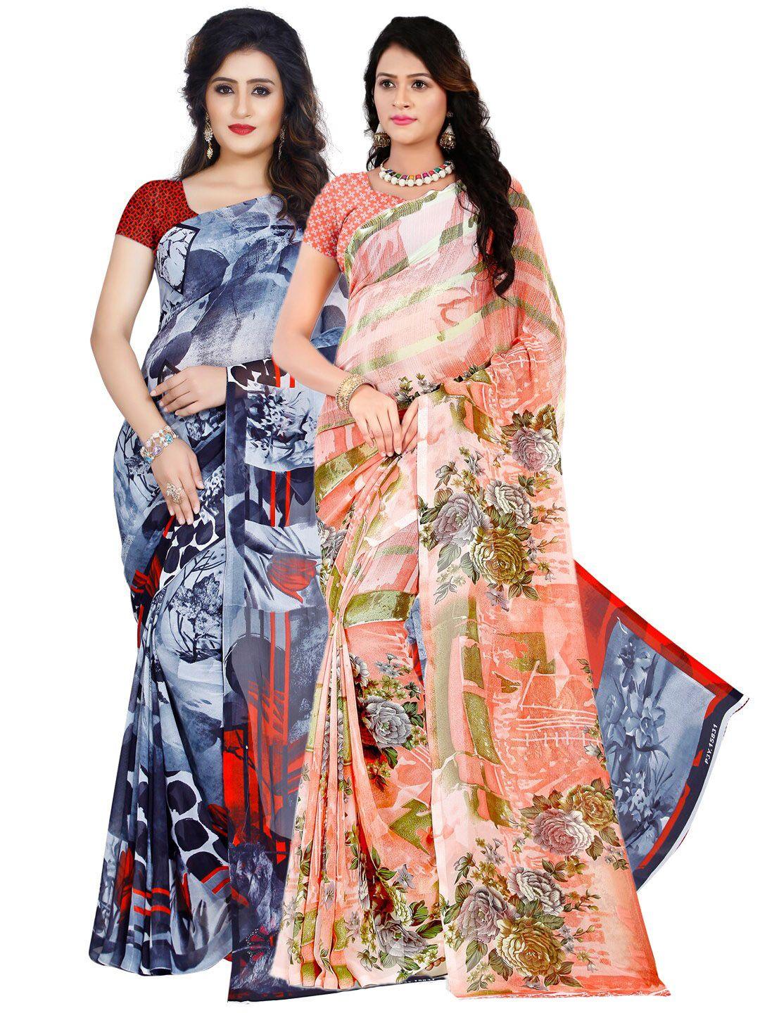 kalini peach & blue pack of 2 printed sarees