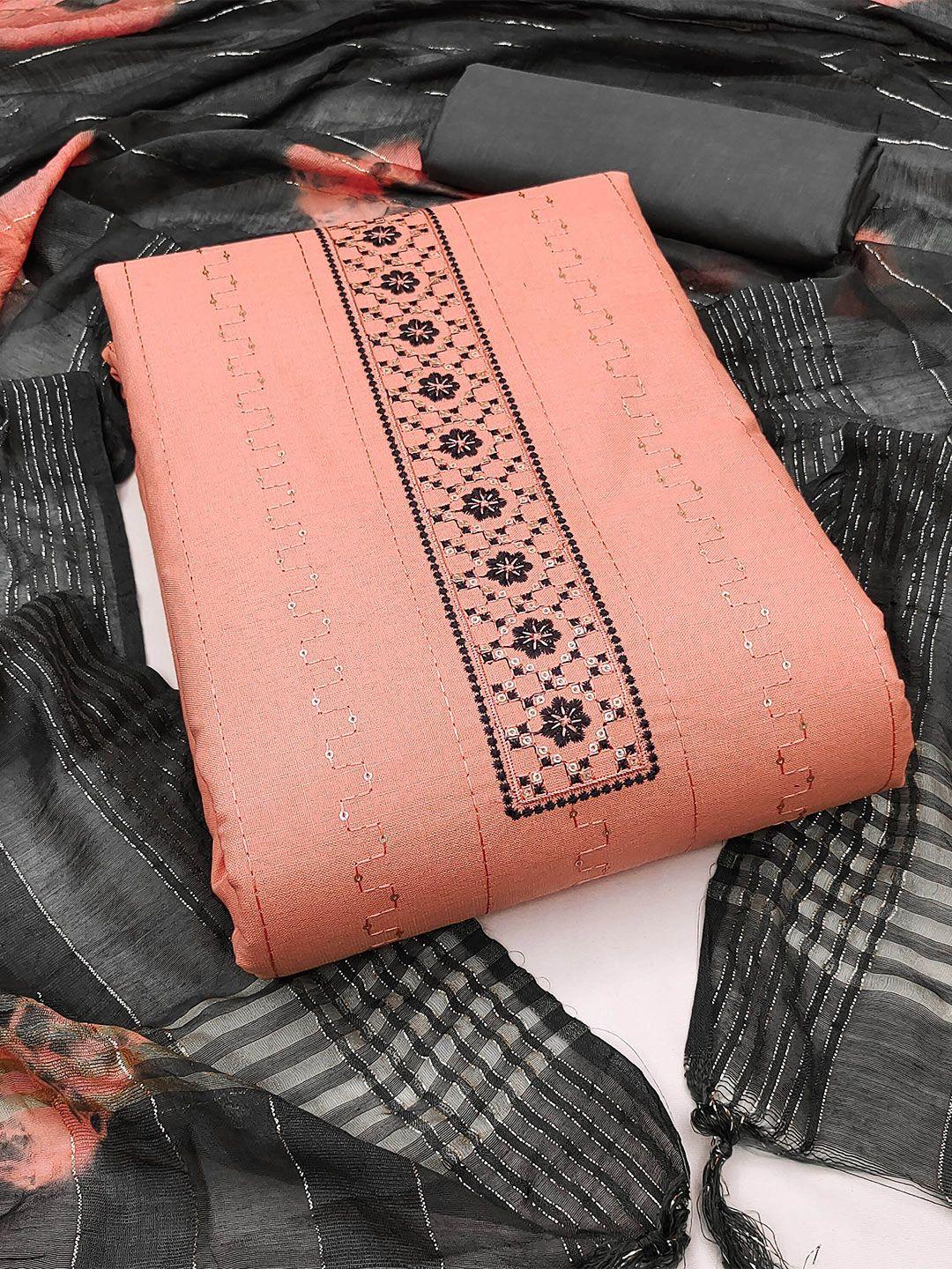 kalini peach-coloured & black embroidered unstitched dress material