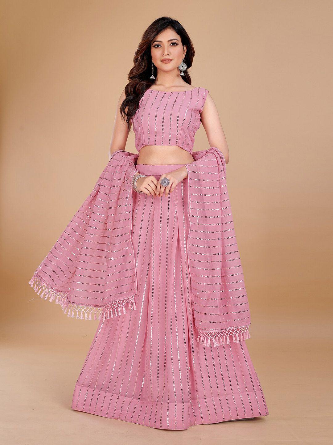 kalini peach-coloured & gold-toned embellished sequinned semi-stitched lehenga & unstitched blouse with