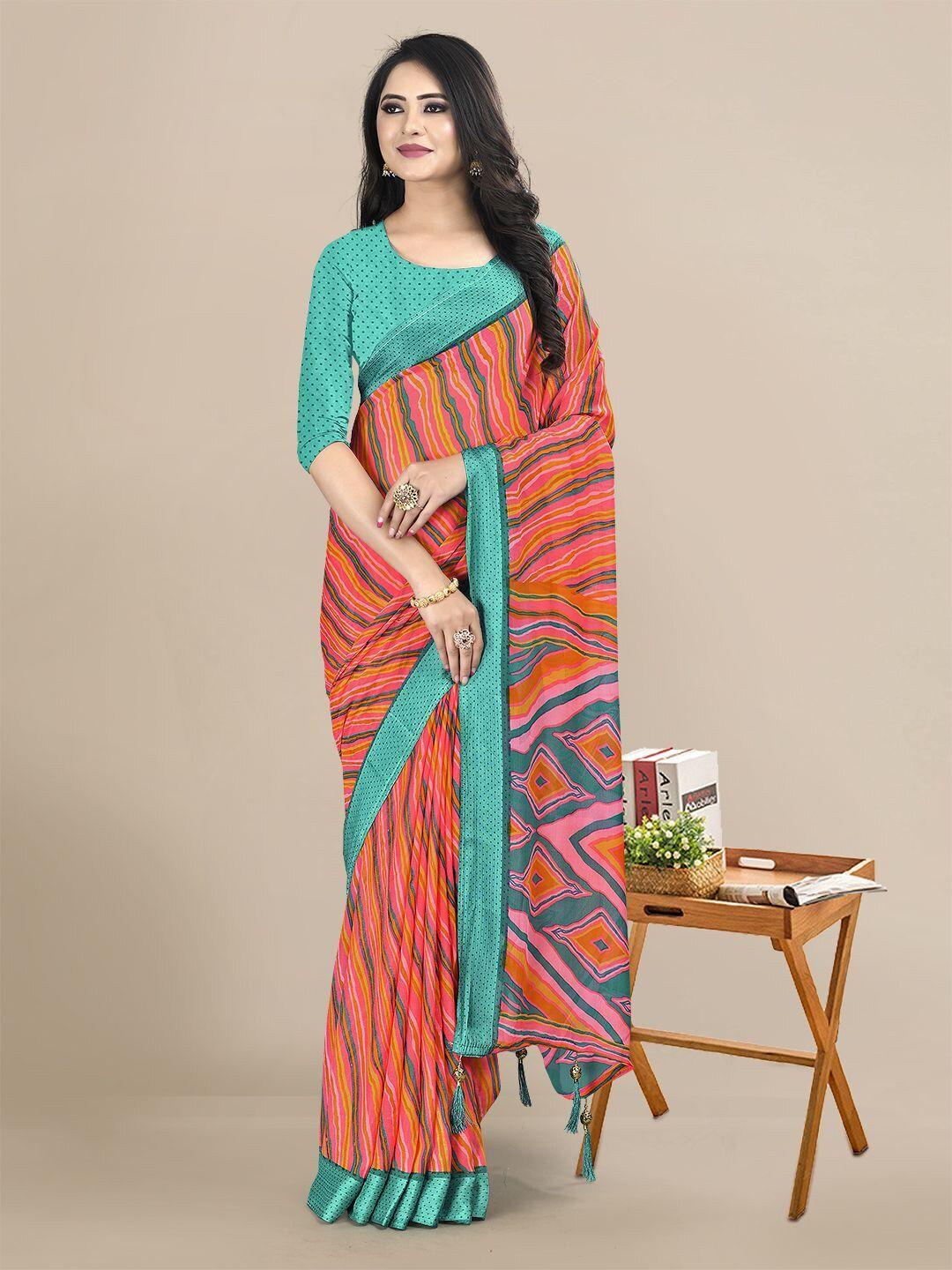 kalini peach-coloured & green printed pure chiffon saree