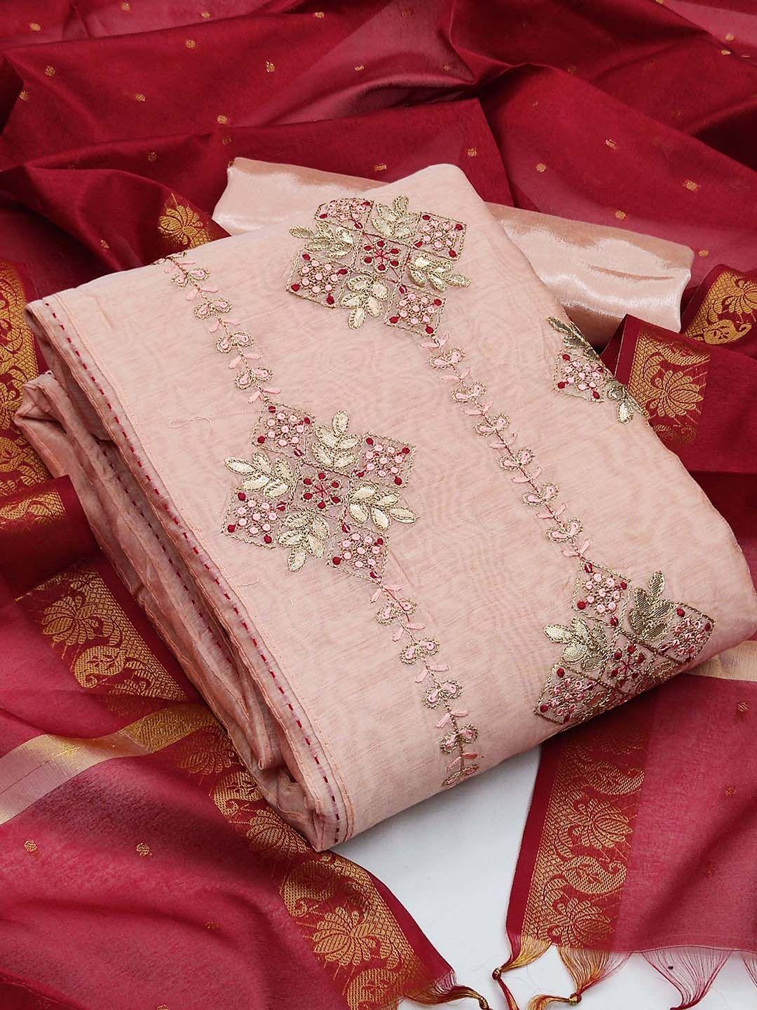 kalini peach-coloured & maroon embroidered unstitched dress material