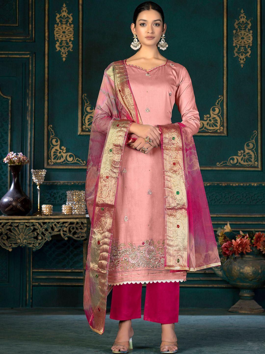 kalini peach-coloured & pink embroidered pure cotton unstitched dress material
