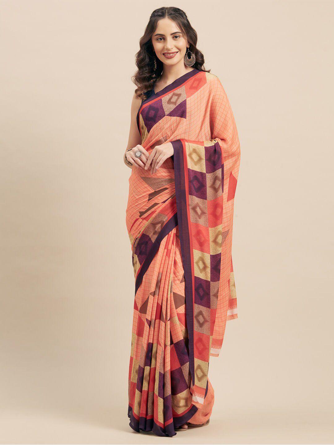 kalini peach-coloured & purple geometric printed poly georgette saree