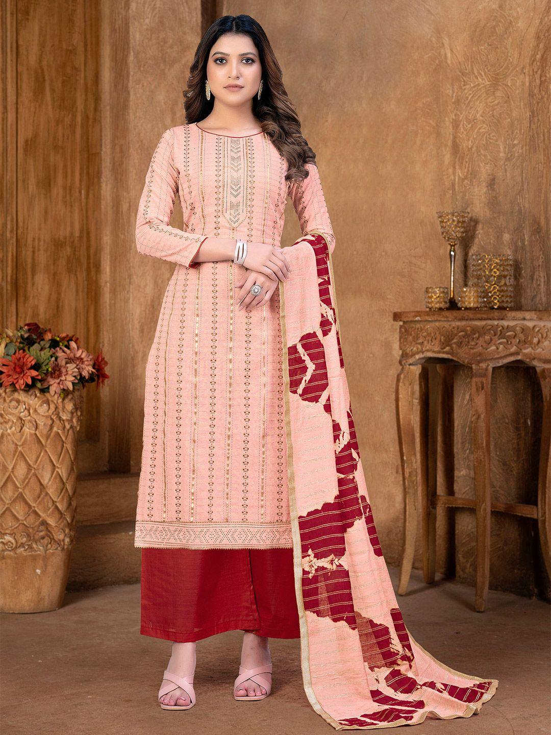 kalini peach-coloured & red embroidered unstitched dress material