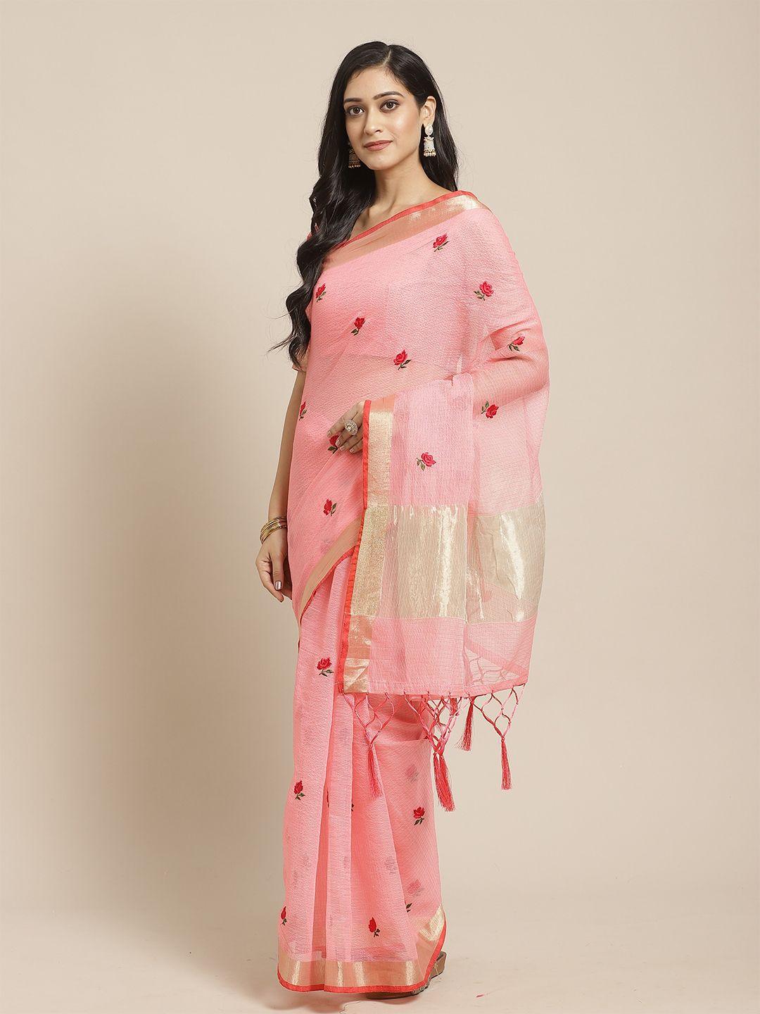 kalini peach-coloured & red floral embroidered art silk saree