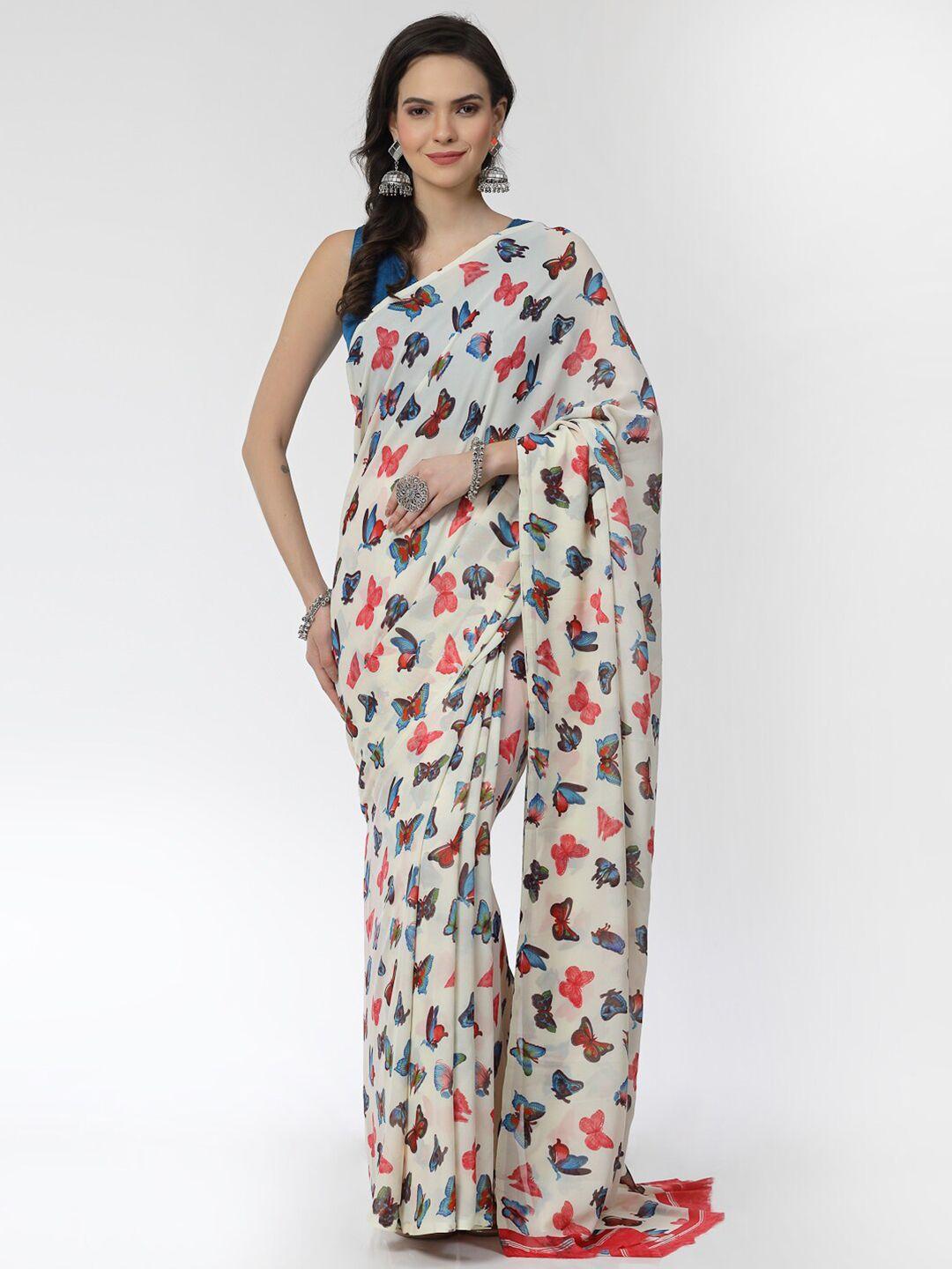 kalini peach-coloured & white floral poly georgette saree