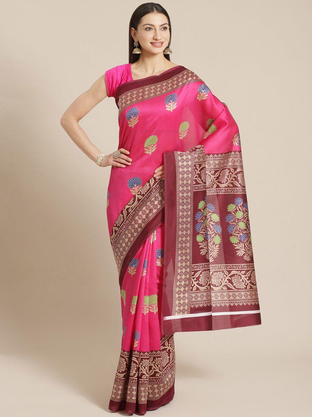 kalini pink & blue ethnic motifs art silk block print saree
