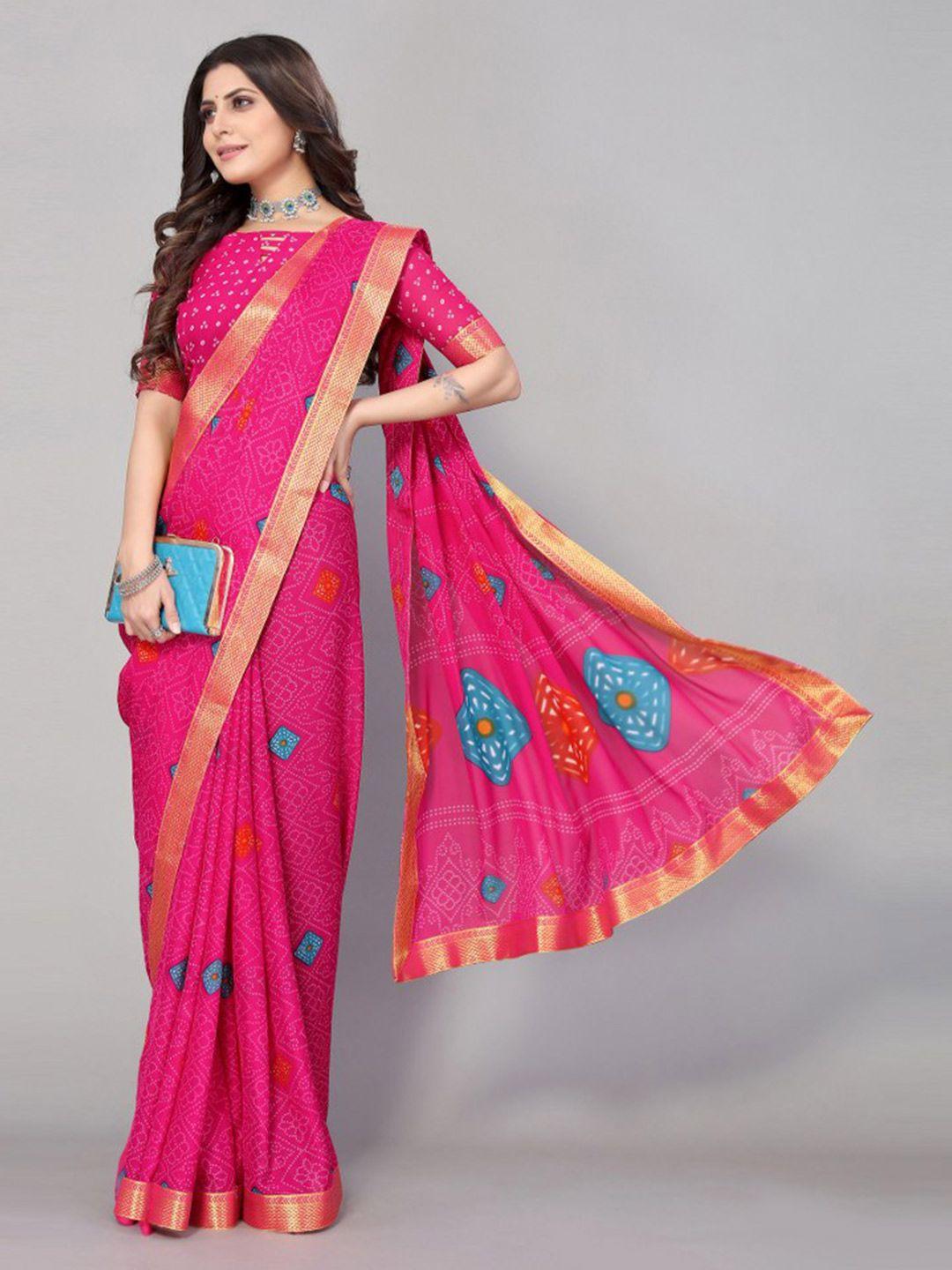 kalini pink & blue printed zari bandhani saree
