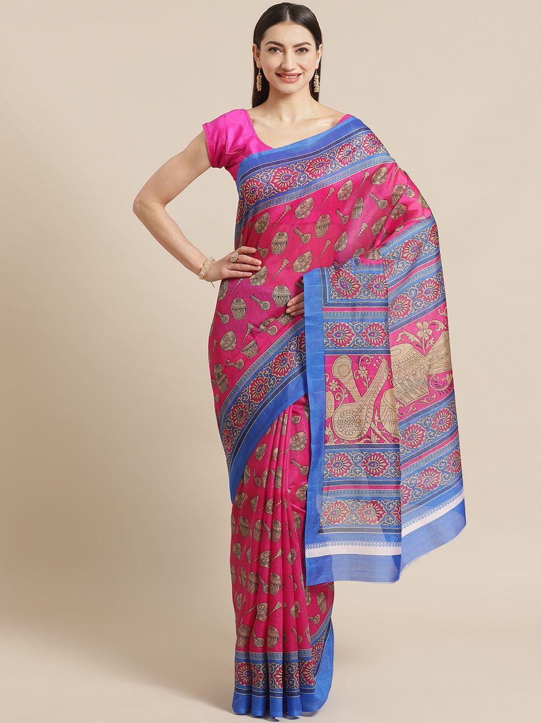 kalini pink & blue pure silk ethnic motifs print bhagalpuri saree
