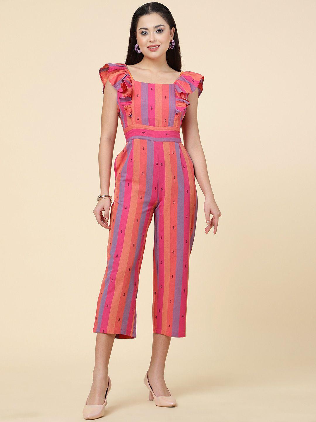 kalini pink & blue striped square neck cotton basic jumpsuit