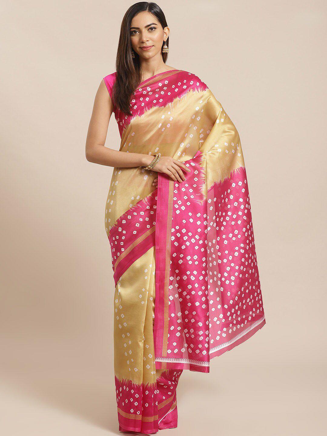 kalini pink & brown bandhani printed mysore silk saree