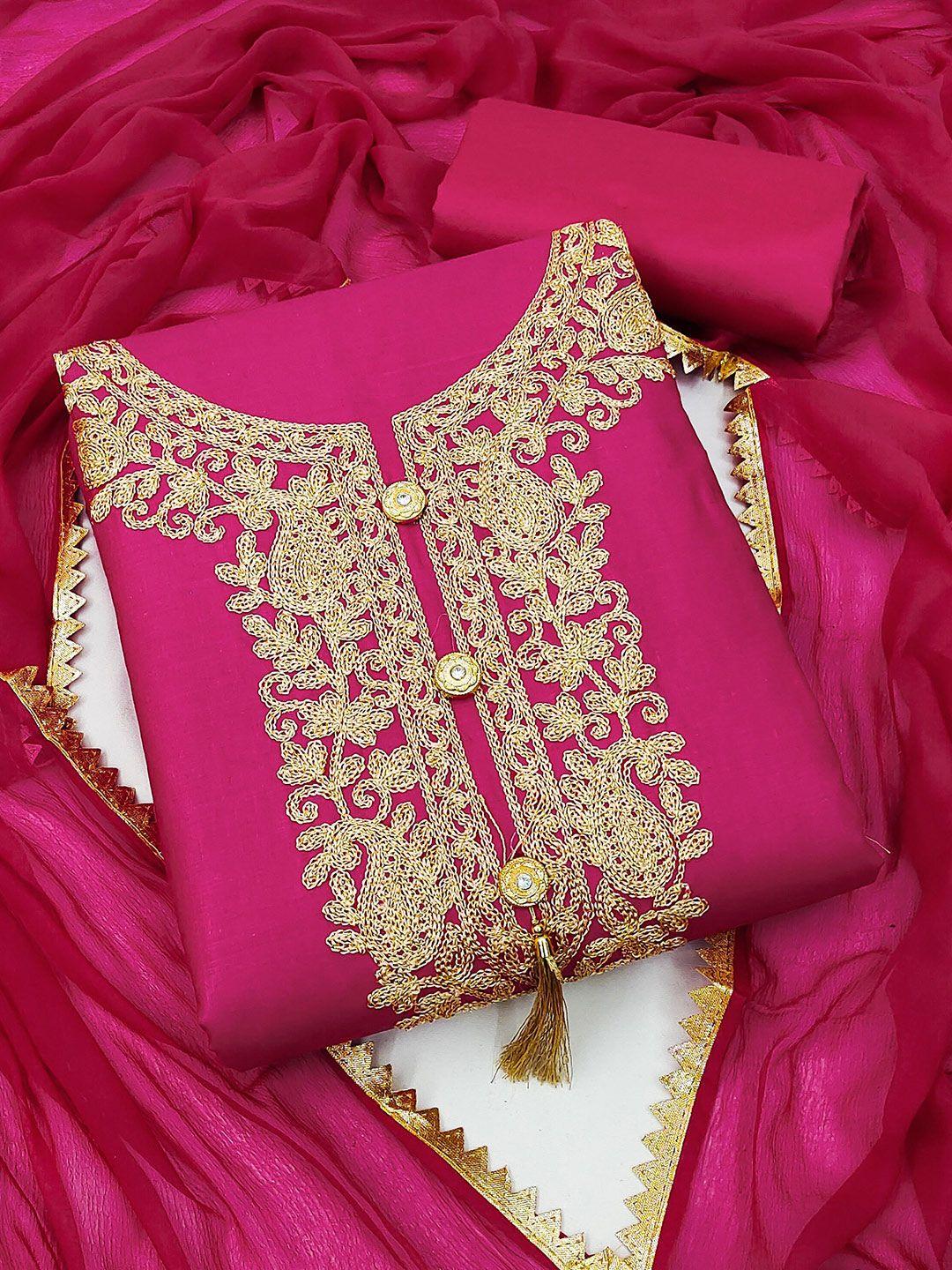 kalini pink & gold-toned embroidered pure cotton unstitched dress material