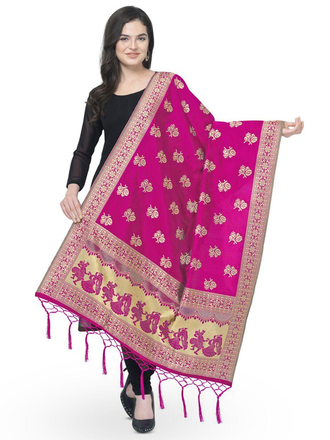 kalini pink & gold-toned ethnic motifs woven design dupatta with zari