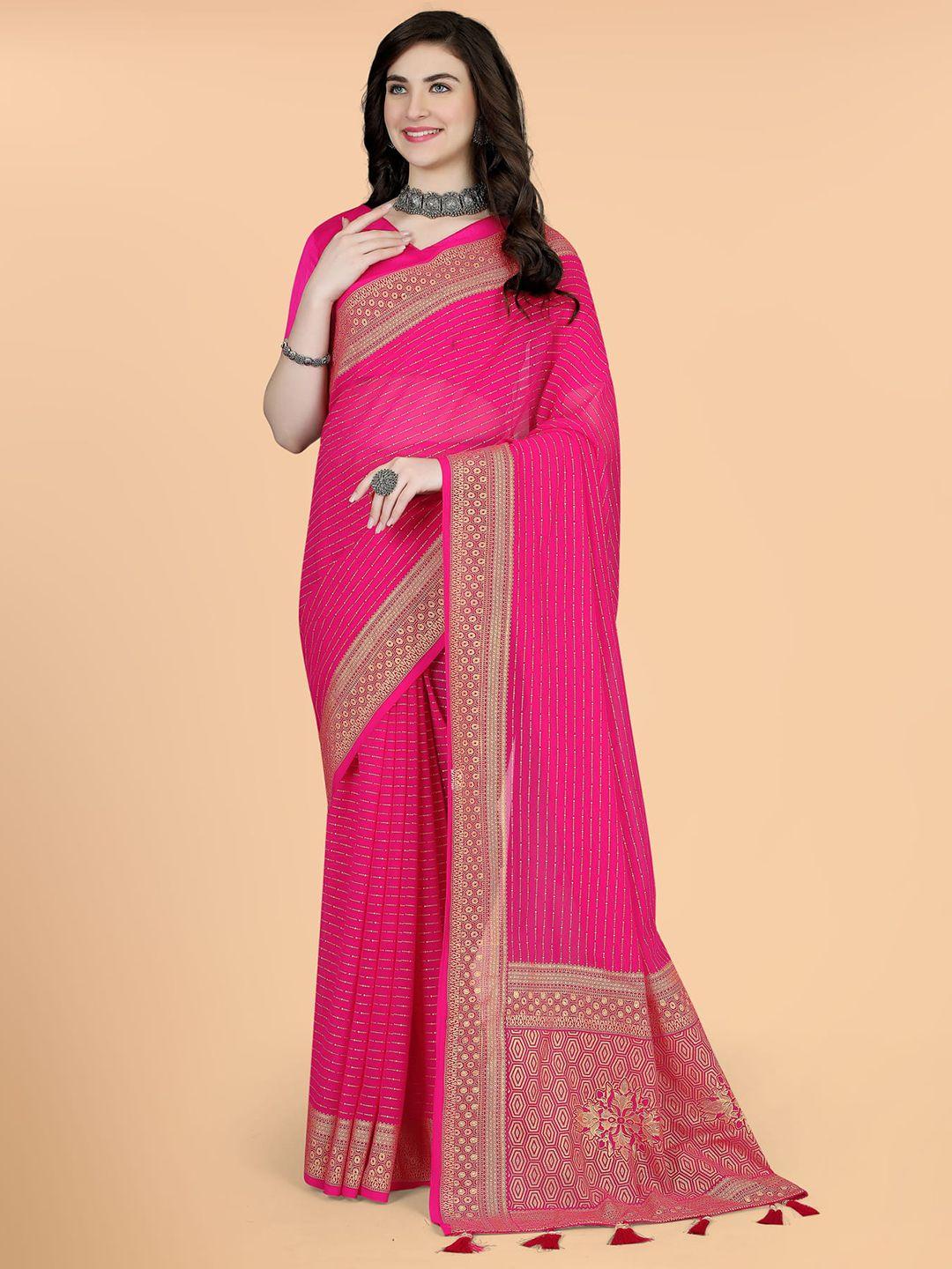 kalini pink & gold-toned striped zari georgette silk paithani saree