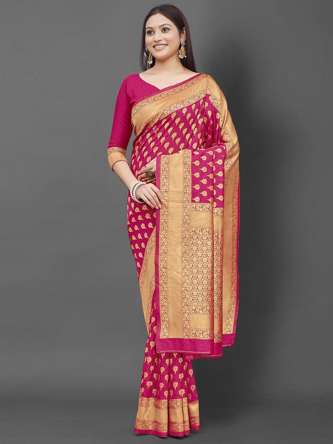 kalini pink & gold-toned woven design zari silk blend banarasi saree