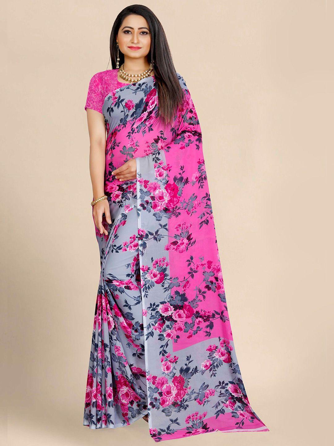 kalini pink & grey floral pure georgette saree