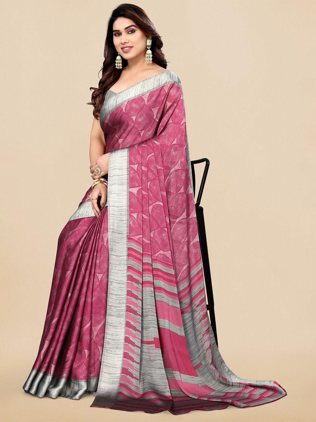 kalini pink & grey geometric printed border chiffon saree