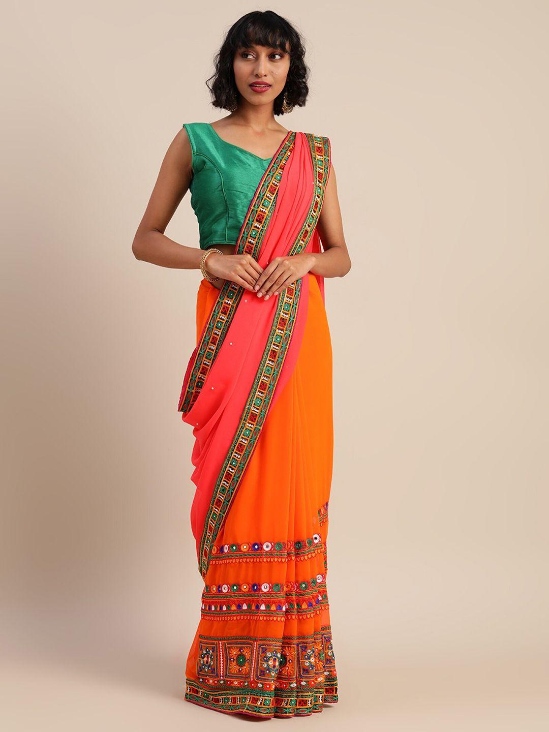 kalini pink & orange beads and stones poly georgette half and half saree
