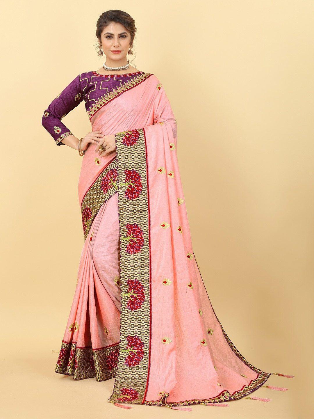 kalini pink & purple ethnic motifs embroidered art silk saree