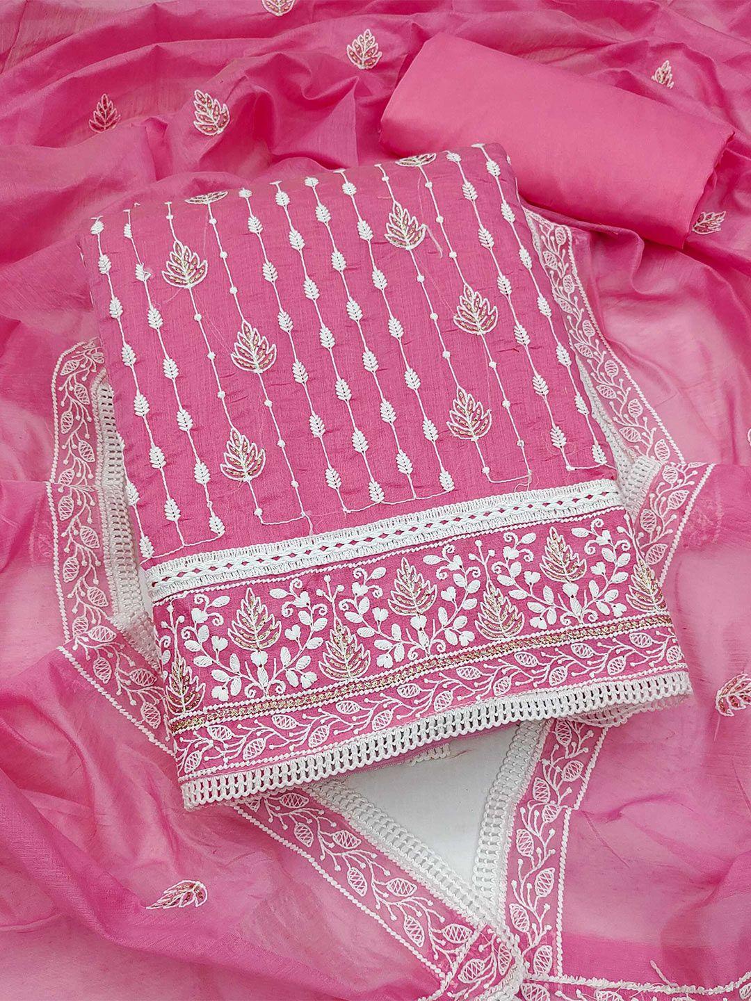 kalini pink & white embroidered art silk unstitched dress material