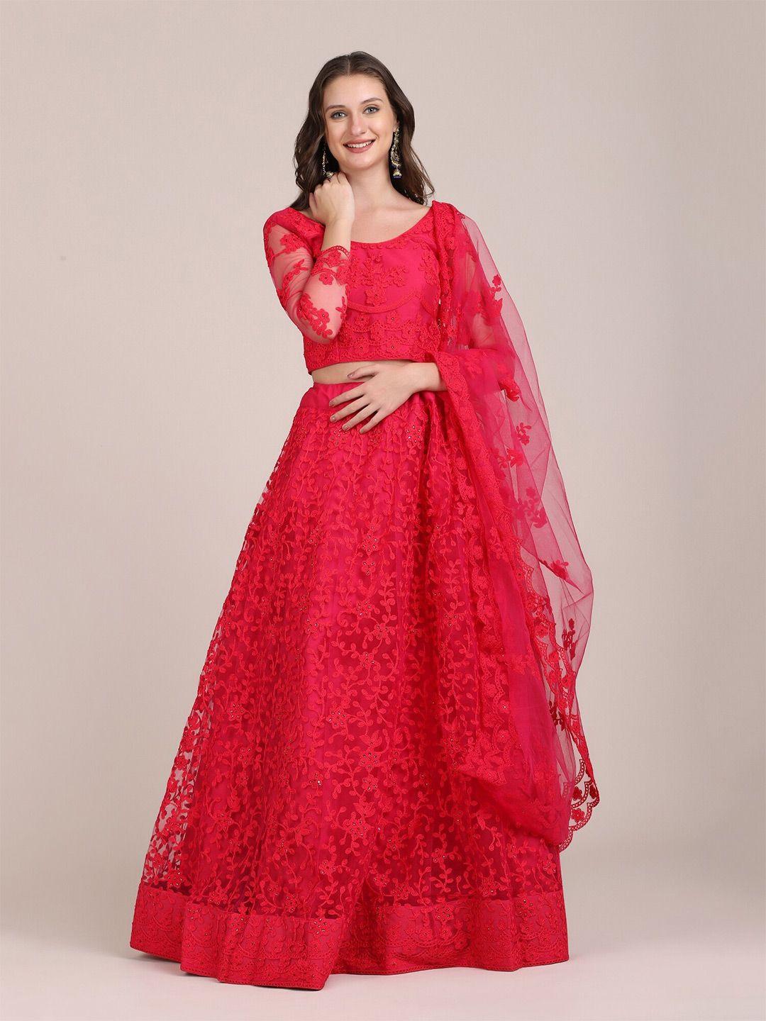 kalini pink embroidered thread work semi-stitched lehenga & unstitched blouse with dupatta