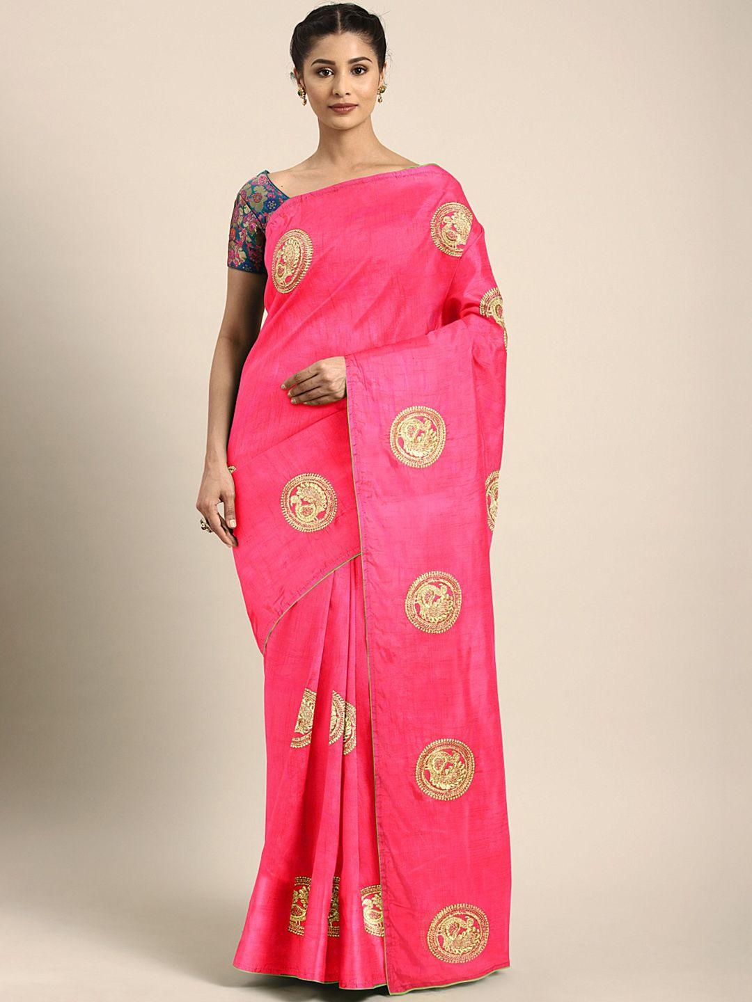 kalini pink ethnic motifs embroidered silk blend saree