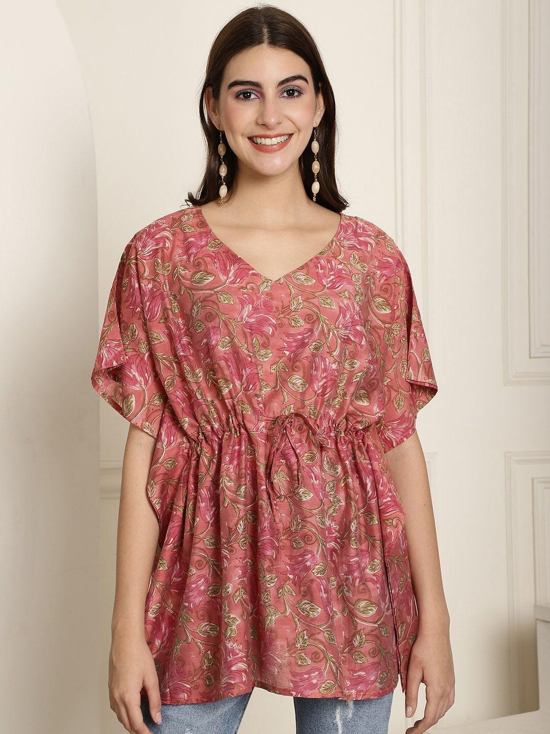 kalini pink floral print extended sleeves pure silk kaftan longline top
