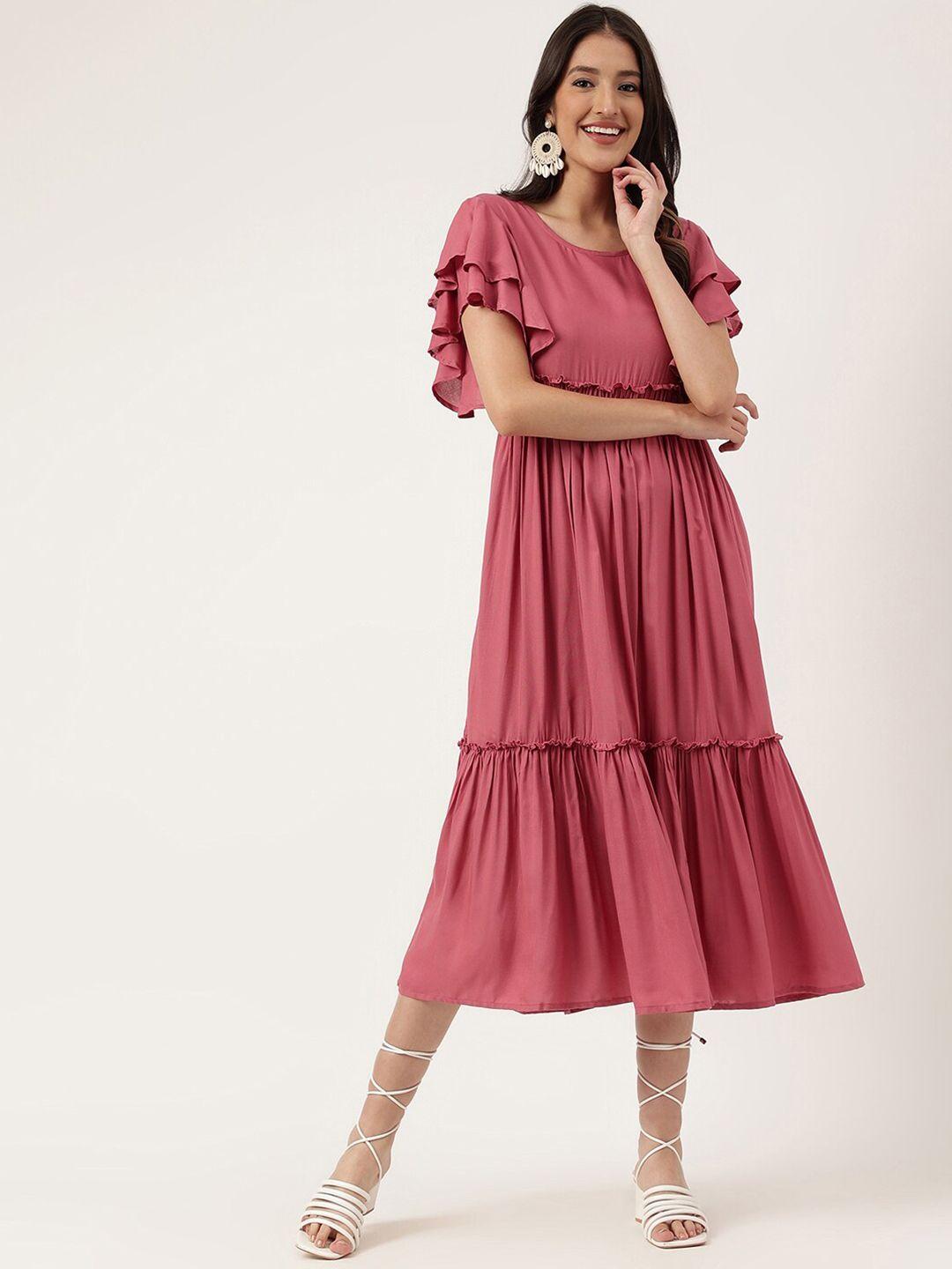 kalini pink flutter sleeve layered a-line midi dress