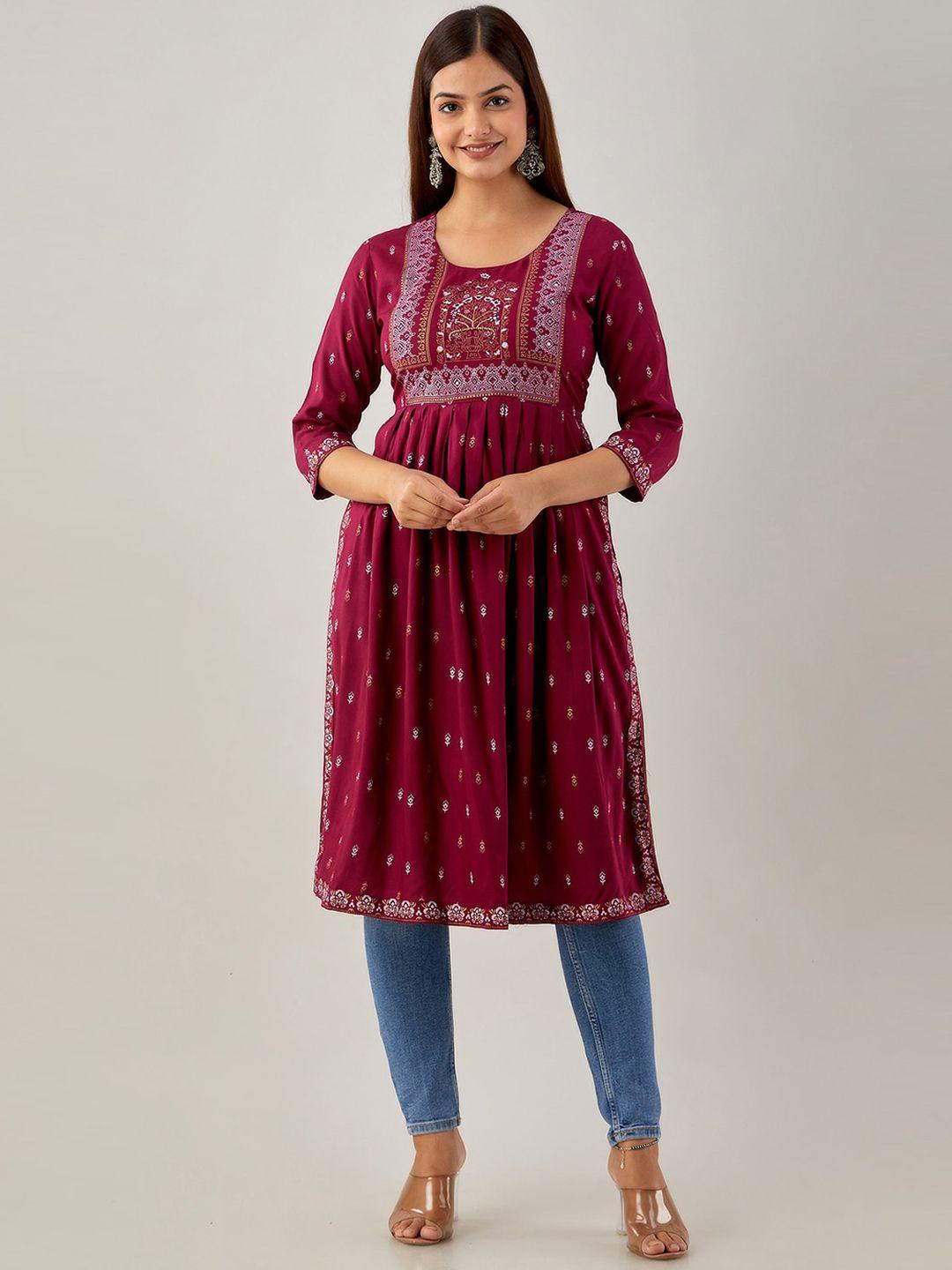 kalini pleated ethnic motifs printed mirror work a-line kurta