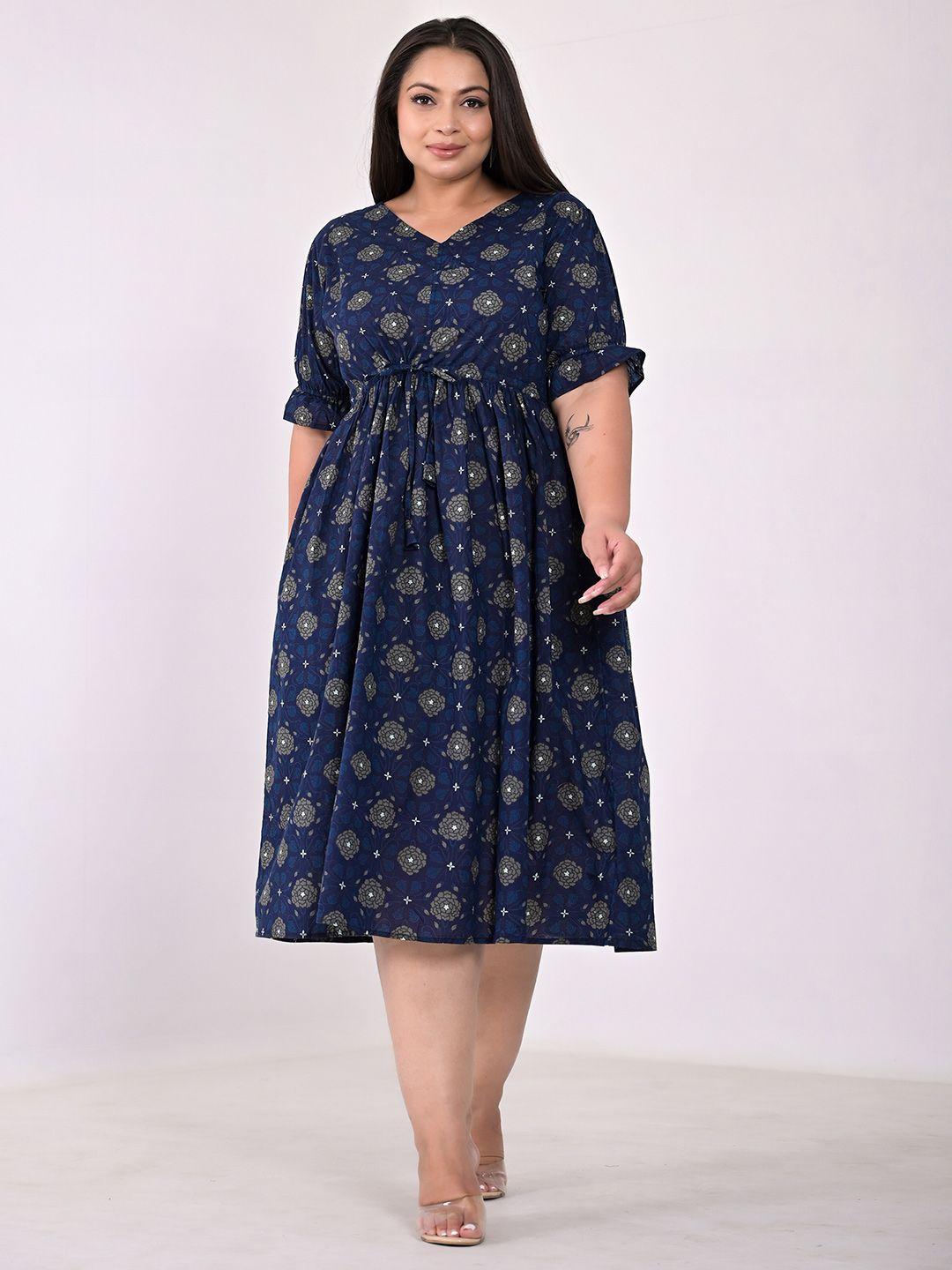kalini plus size blue ethnic motifs printed empire midi cotton dress