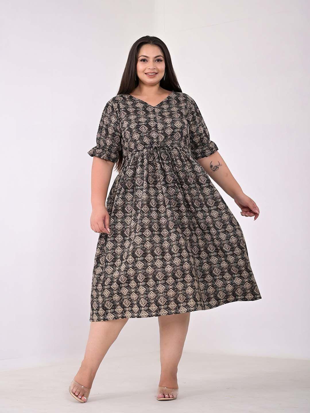 kalini plus size ethnic motifs printed bell sleeves cotton fit and flare dress