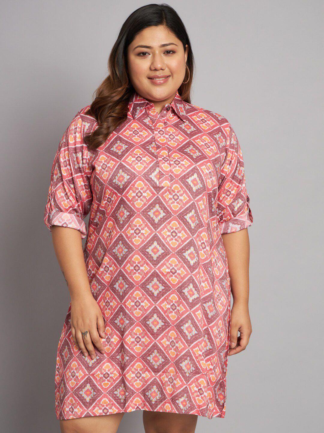 kalini plus size ethnic printed roll-up sleeves shirt dress