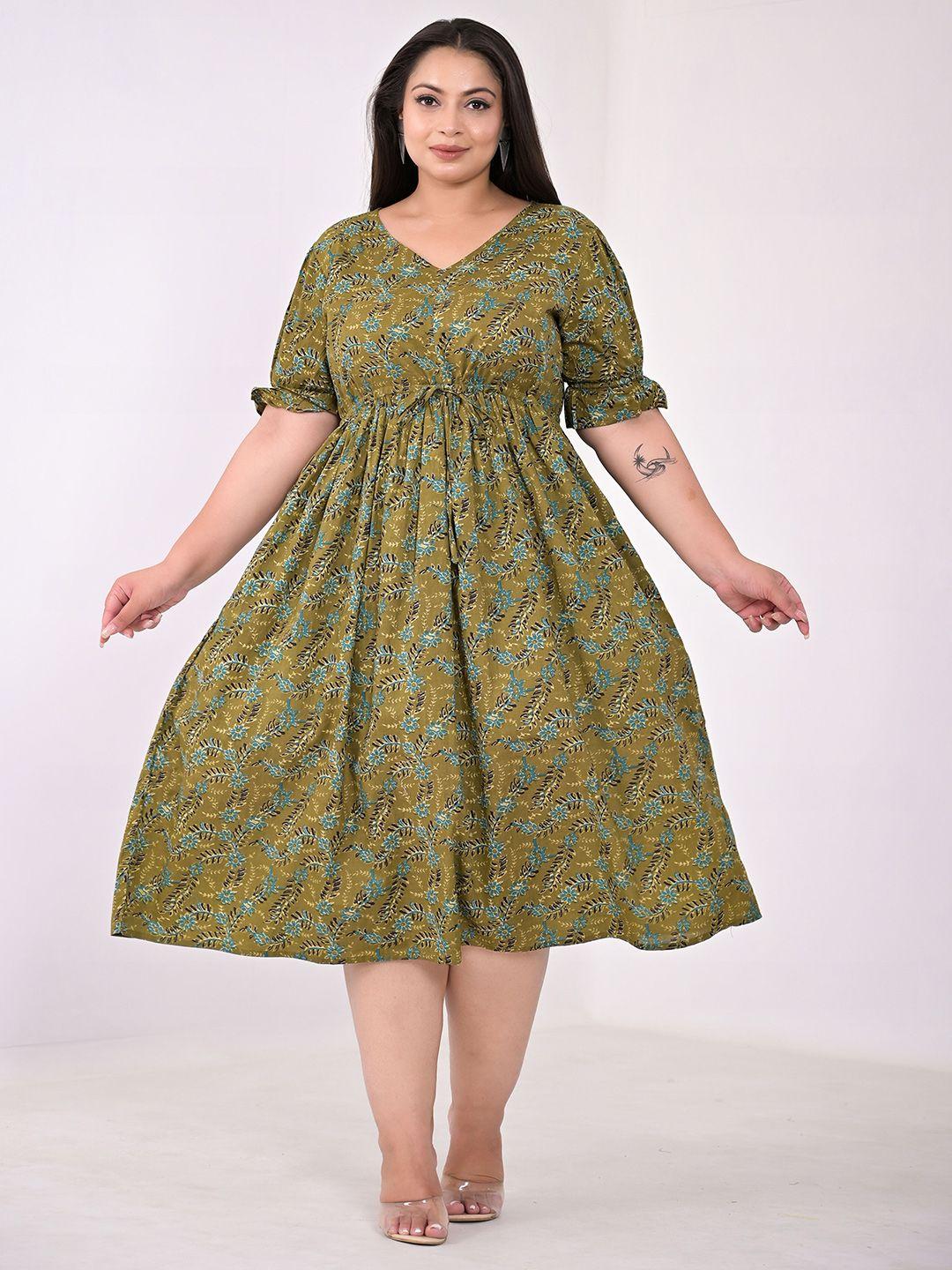 kalini plus size floral printed bell sleeves cotton fit & flare midi dress