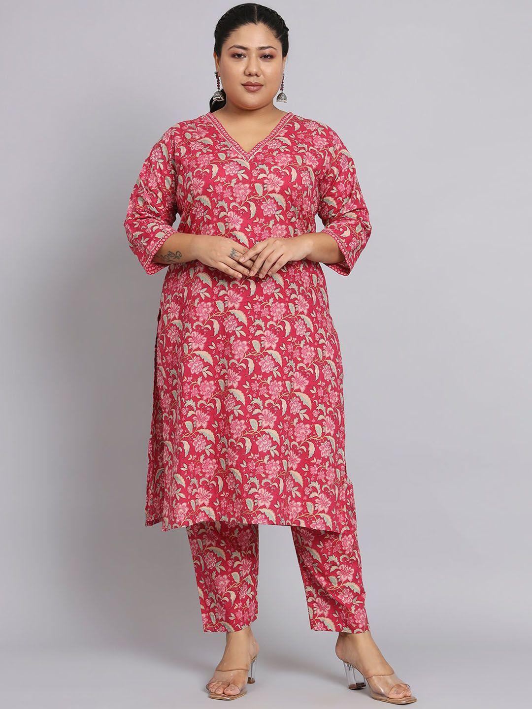 kalini plus size floral printed regular gotta patti pure cotton kurta with trousers