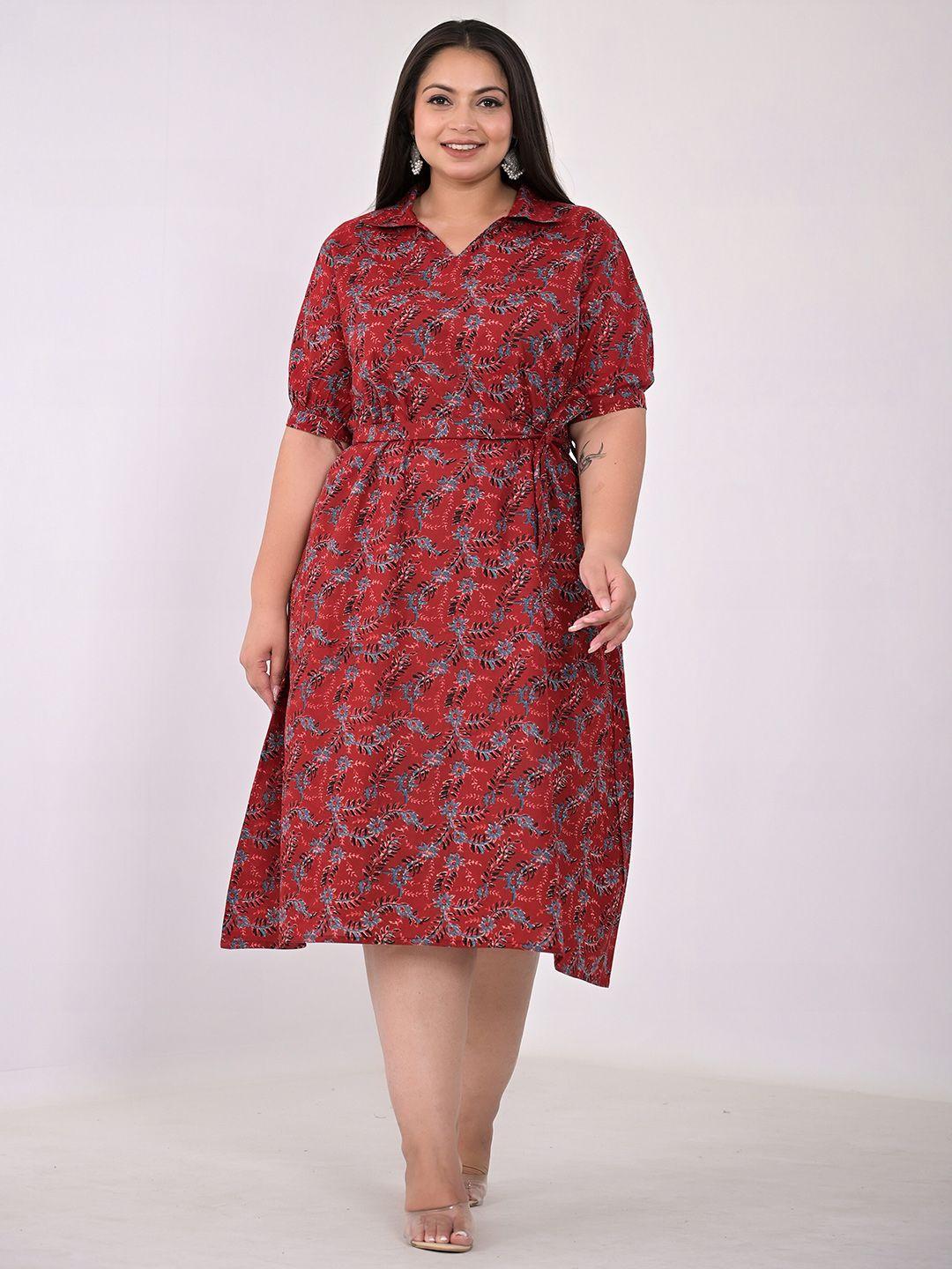 kalini plus size floral printed shirt collar a-line midi dress