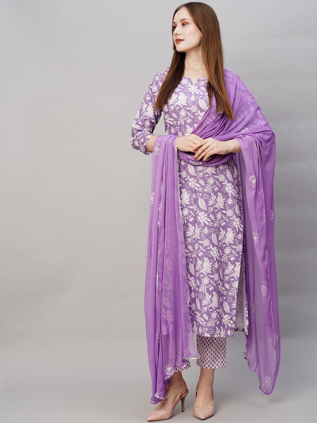 kalini plus size floral printed straight kurta with trousers & dupatta