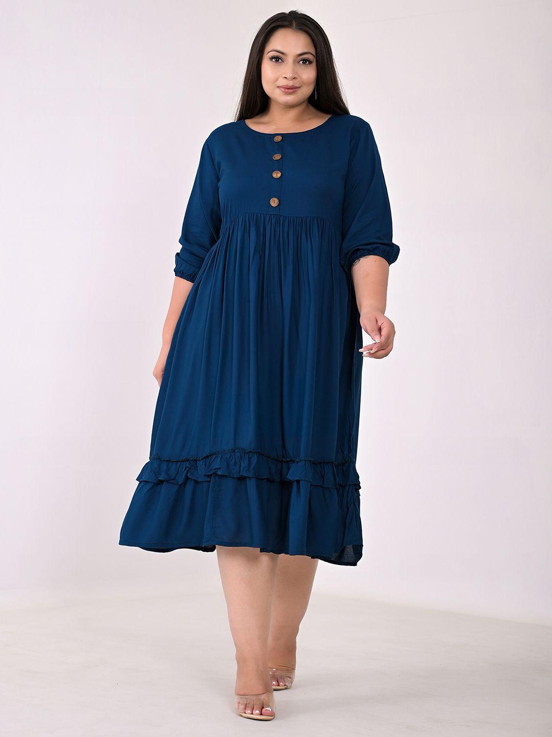 kalini plus size round neck gathered a-line midi dress