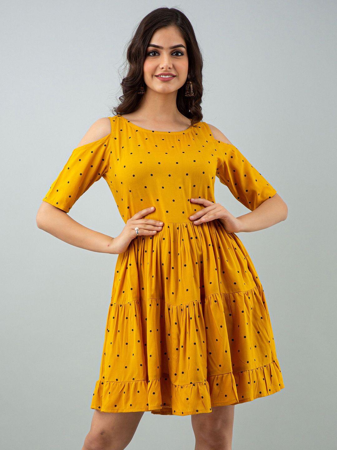 kalini polka dots printed cold-shoulder gathered or pleated fit & flare dress