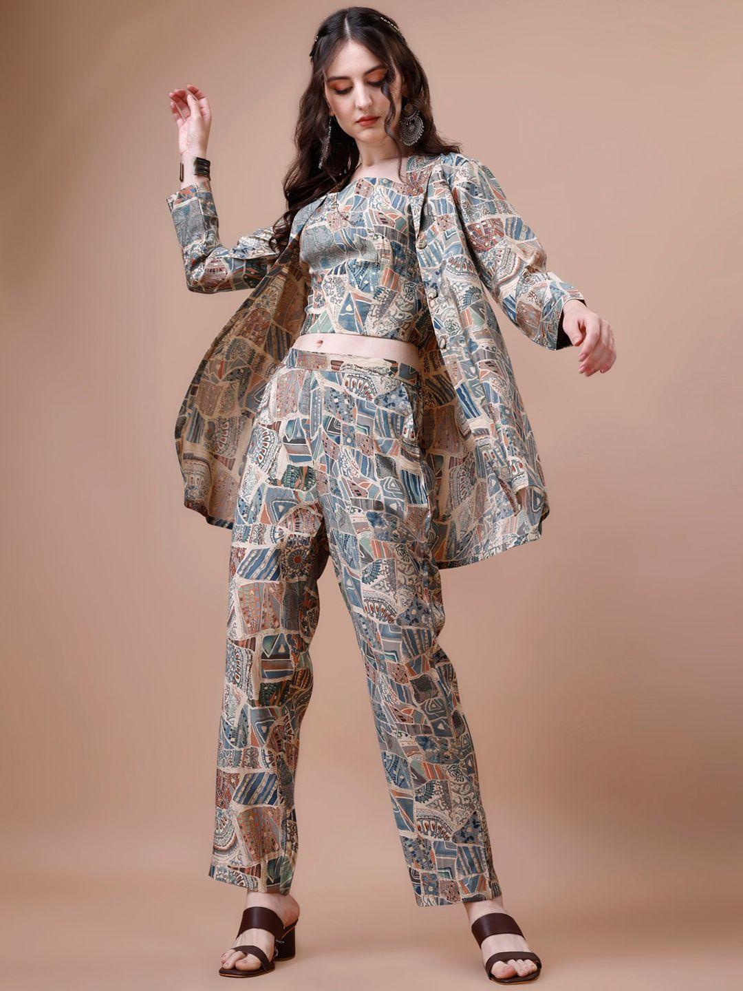 kalini printed crop top & shawl-neck jacket with trouser co-ords