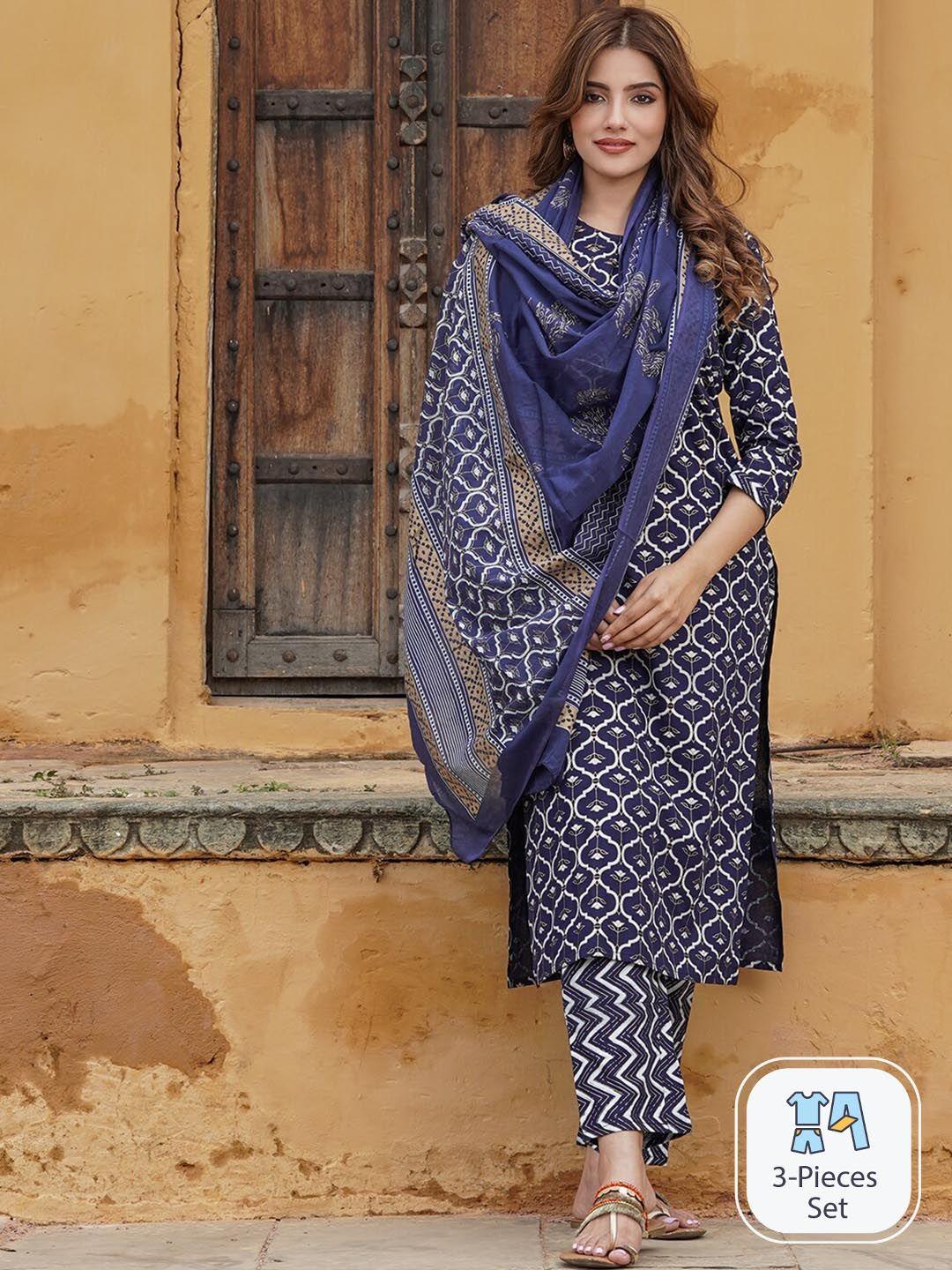 kalini printed gotta patti kurta with trousers & dupatta