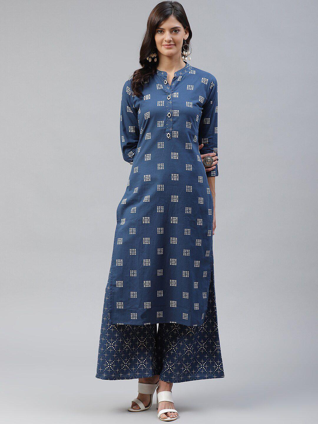 kalini printed mandarin collar pure cotton kurta with palazzos