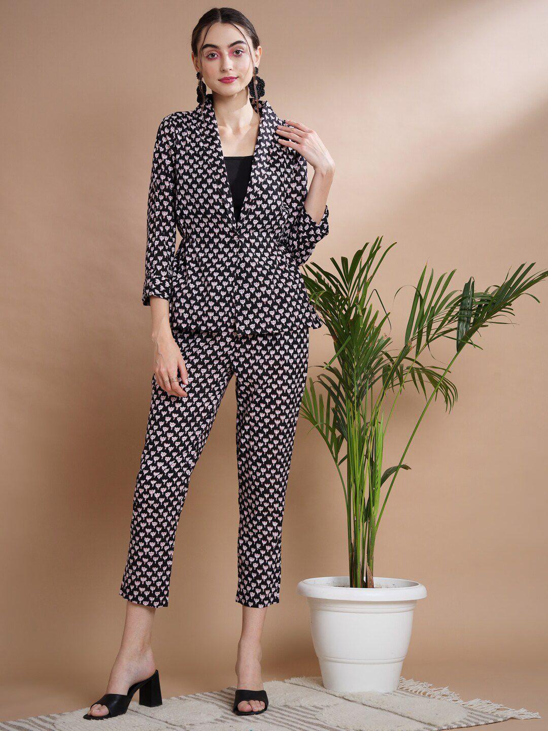 kalini printed pure cotton shawl neck coat with trousers co-ords