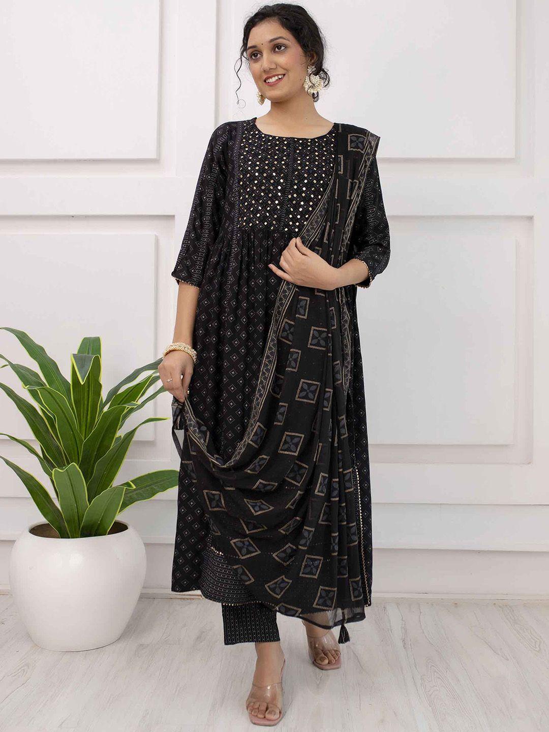 kalini printed regular mirror work kurta with trousers & with dupatta