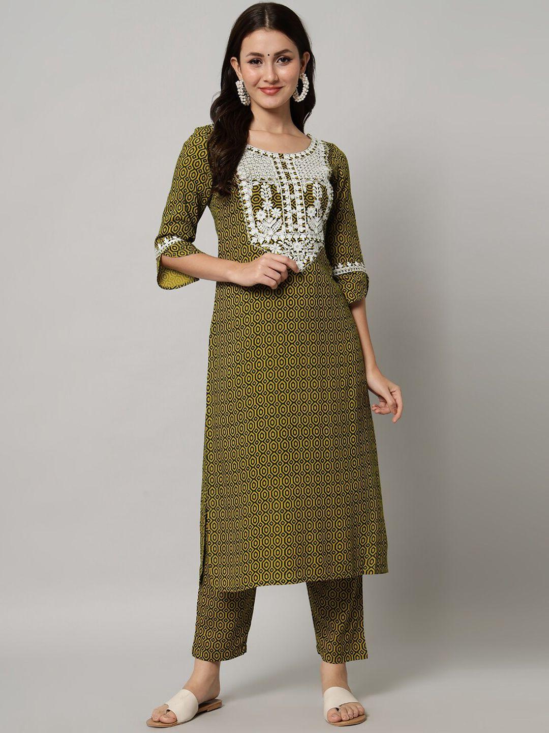kalini printed thread work kurta with trousers
