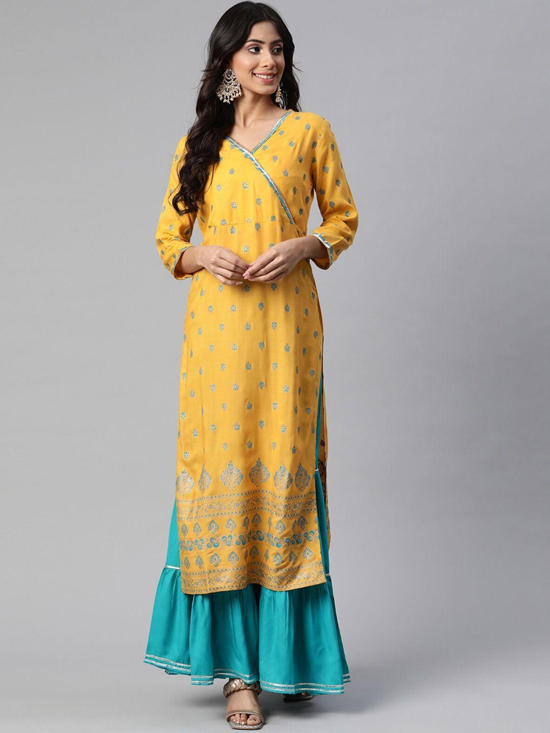 kalini printed v-neck angrakha straight kurta with sharara