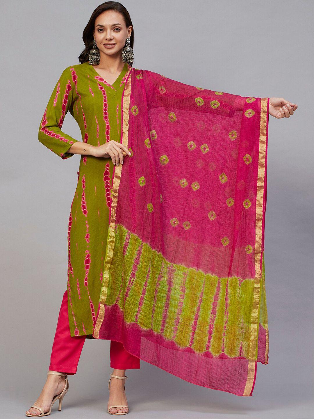 kalini printed v neck kurta with trousers & dupatta